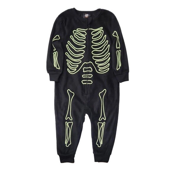 2 Toddler Skeleton Halloween Sleeper With Hat Glow In The Dark Bones - Picture 1 of 7